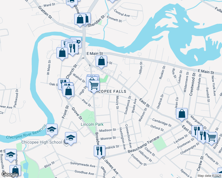 map of restaurants, bars, coffee shops, grocery stores, and more near 29 Page Court in Chicopee
