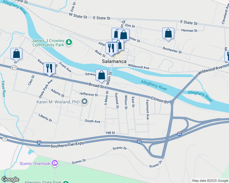map of restaurants, bars, coffee shops, grocery stores, and more near 15 East Jefferson Street in Salamanca