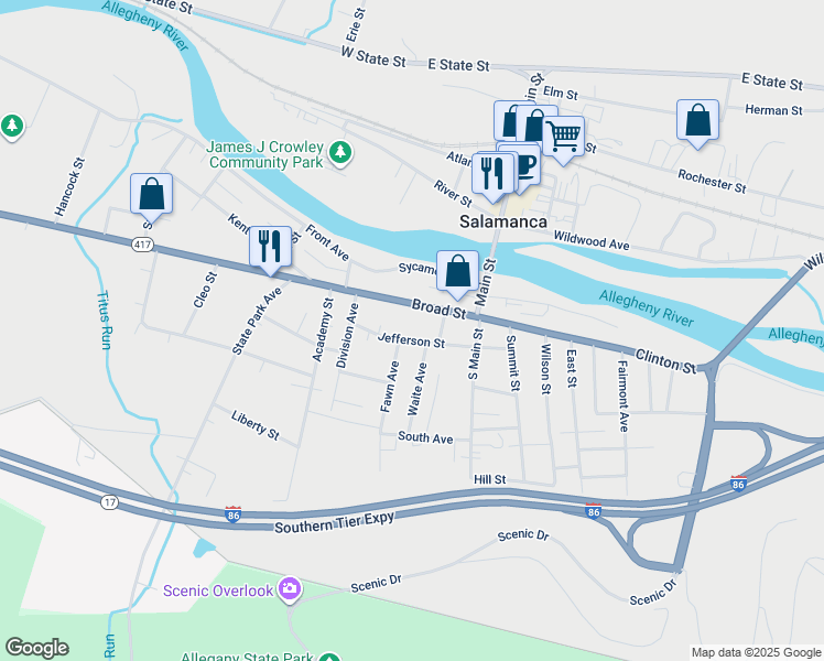 map of restaurants, bars, coffee shops, grocery stores, and more near 70 Jefferson Street in Salamanca