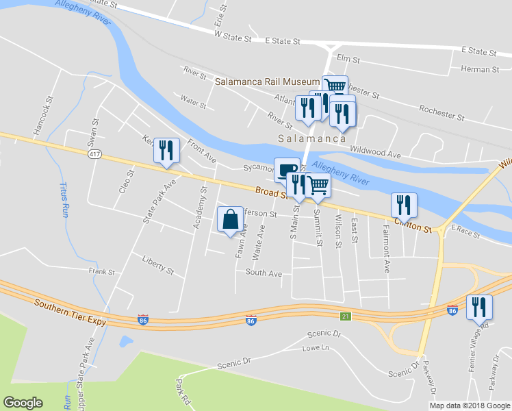 map of restaurants, bars, coffee shops, grocery stores, and more near 70 Jefferson Street in Salamanca