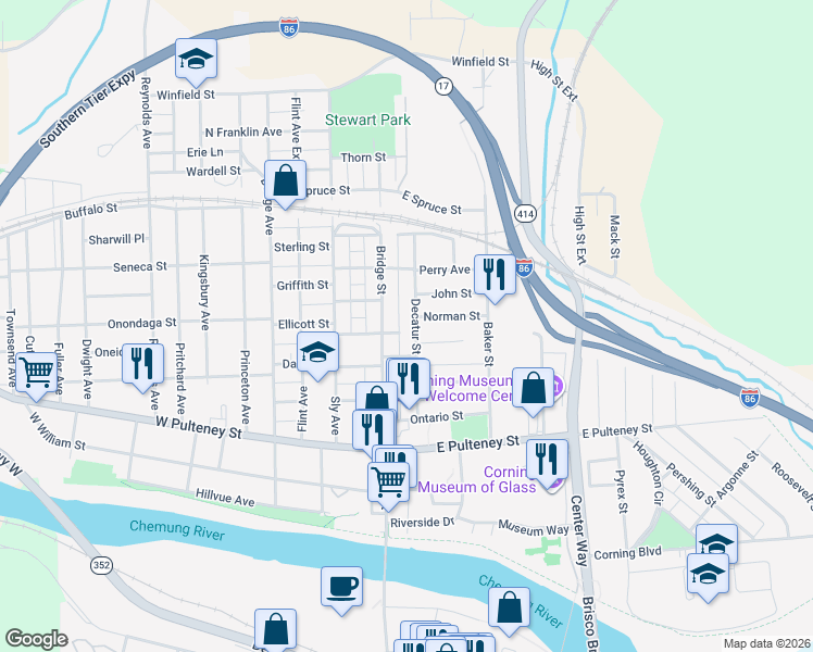 map of restaurants, bars, coffee shops, grocery stores, and more near 199 Decatur Street in Corning