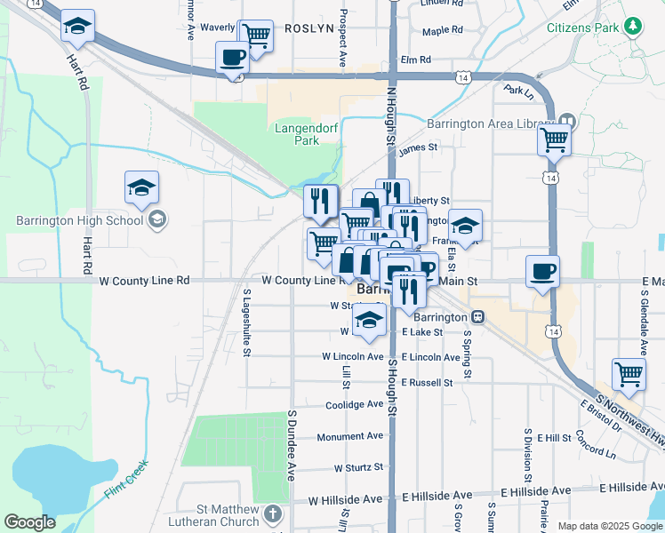 map of restaurants, bars, coffee shops, grocery stores, and more near 110 Applebee Street in Barrington