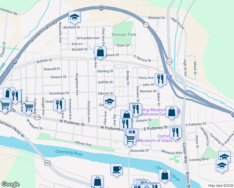 map of restaurants, bars, coffee shops, grocery stores, and more near 33 W Hazel St in Corning