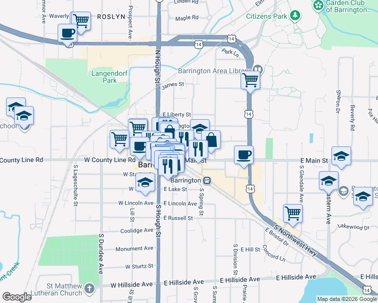 map of restaurants, bars, coffee shops, grocery stores, and more near 228 East Main Street in Barrington