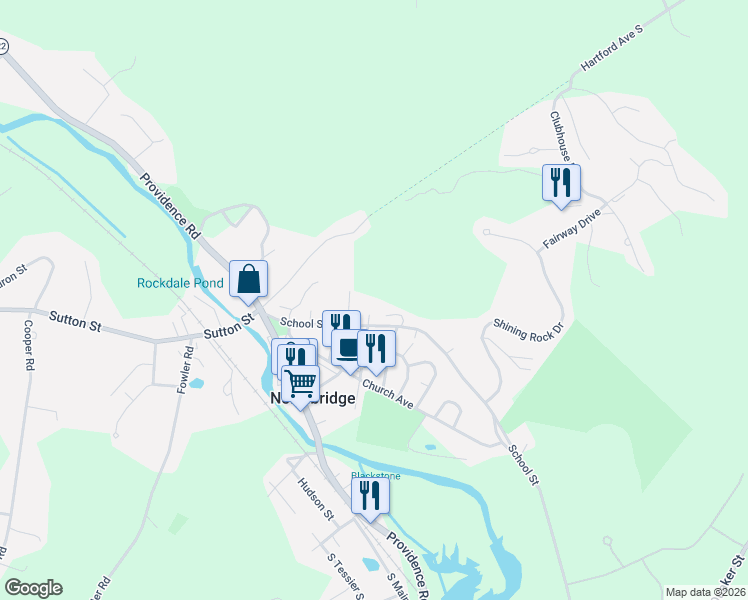 map of restaurants, bars, coffee shops, grocery stores, and more near 127 School Street in Northbridge