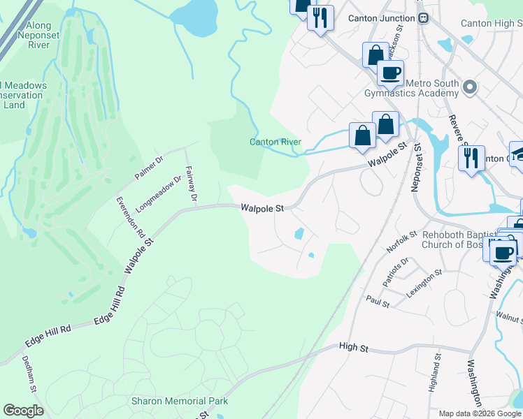 map of restaurants, bars, coffee shops, grocery stores, and more near 315 Walpole Street in Canton