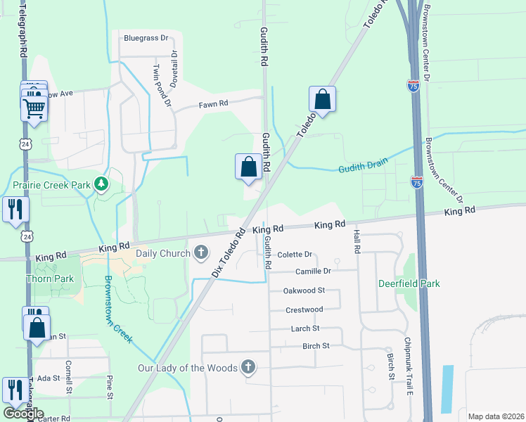 map of restaurants, bars, coffee shops, grocery stores, and more near 20905 Gudith Road in Brownstown Charter Township