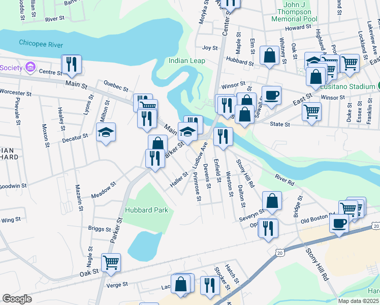 map of restaurants, bars, coffee shops, grocery stores, and more near 21 Parker Street in East Longmeadow