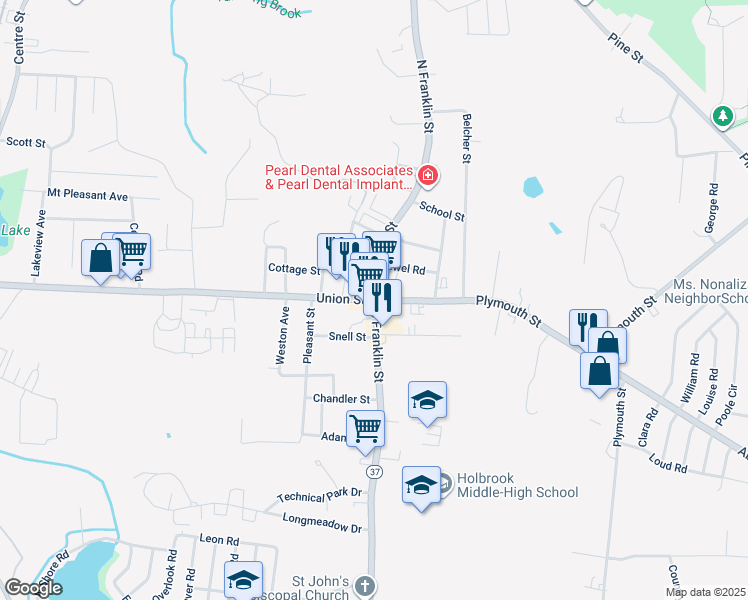 map of restaurants, bars, coffee shops, grocery stores, and more near 16 South Franklin Street in Holbrook