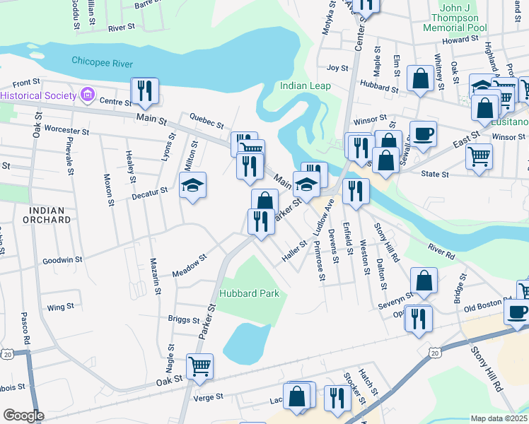 map of restaurants, bars, coffee shops, grocery stores, and more near 42 Parker Street in Springfield