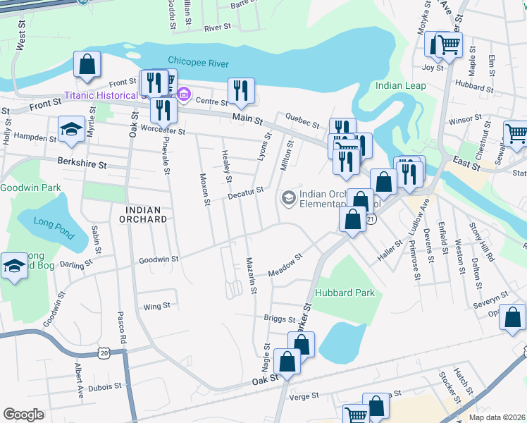 map of restaurants, bars, coffee shops, grocery stores, and more near 22 Goodwin Street in Springfield