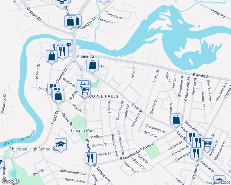 map of restaurants, bars, coffee shops, grocery stores, and more near 5 Muzzy Street in Chicopee