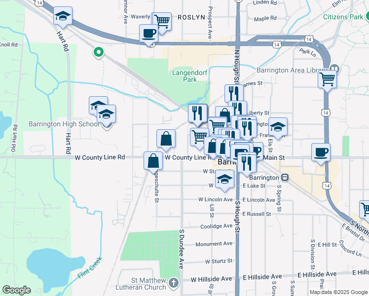 map of restaurants, bars, coffee shops, grocery stores, and more near 224 West Main Street in Barrington