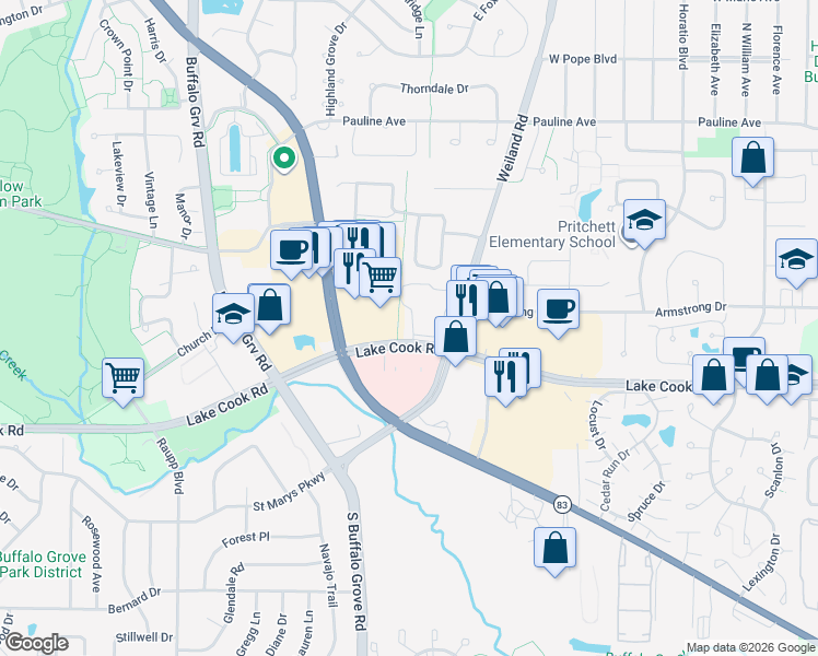 map of restaurants, bars, coffee shops, grocery stores, and more near 104 Steeple Drive in Buffalo Grove