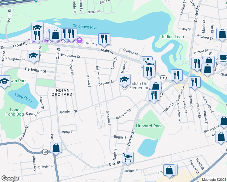 map of restaurants, bars, coffee shops, grocery stores, and more near 22 Goodwin Street in Springfield