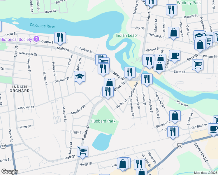 map of restaurants, bars, coffee shops, grocery stores, and more near 43 Lawe Street in Springfield