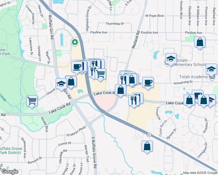 map of restaurants, bars, coffee shops, grocery stores, and more near 102 Steeple Drive in Buffalo Grove