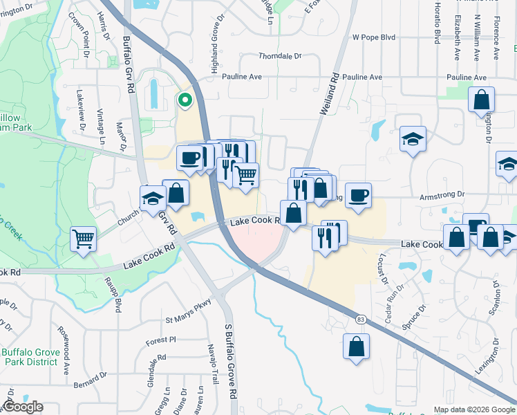 map of restaurants, bars, coffee shops, grocery stores, and more near 102 Steeple Drive in Buffalo Grove
