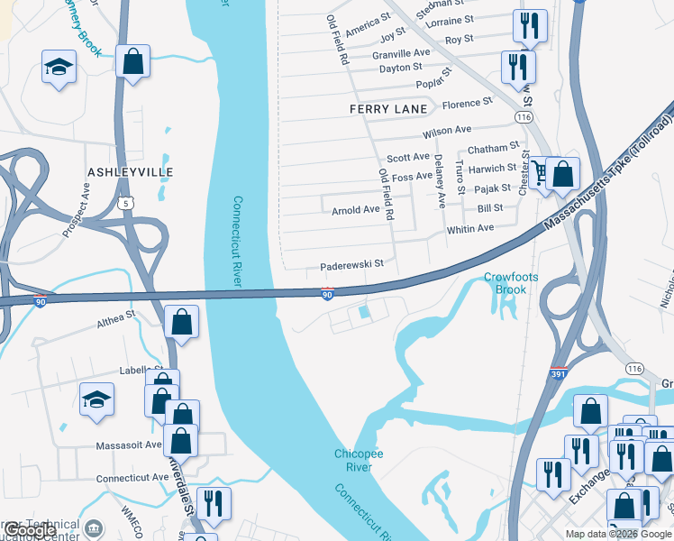 map of restaurants, bars, coffee shops, grocery stores, and more near 75 Paderewski Street in Chicopee