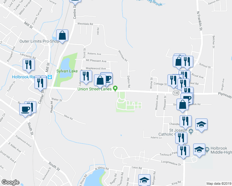 map of restaurants, bars, coffee shops, grocery stores, and more near 231 Union Street in Holbrook