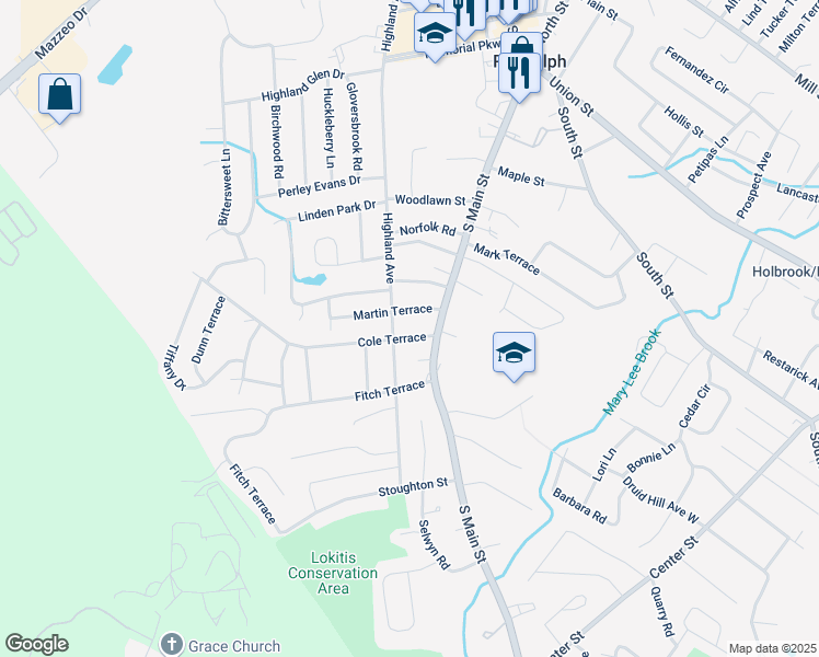 map of restaurants, bars, coffee shops, grocery stores, and more near 10 Cole Terrace in Randolph