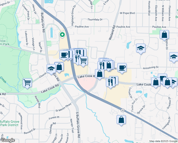 map of restaurants, bars, coffee shops, grocery stores, and more near 104 Steeple Drive in Buffalo Grove