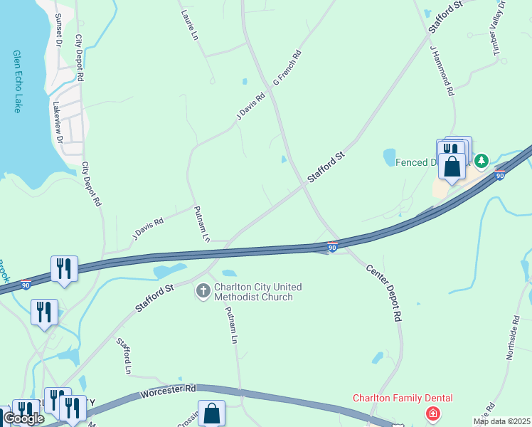 map of restaurants, bars, coffee shops, grocery stores, and more near 116 Stafford Street in Charlton
