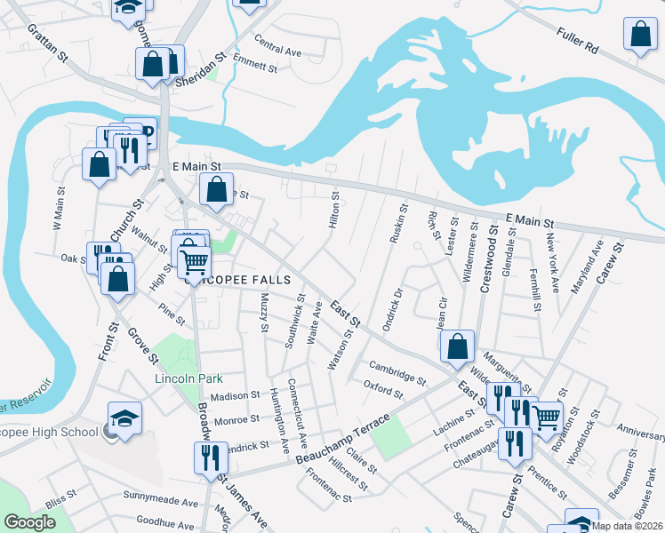 map of restaurants, bars, coffee shops, grocery stores, and more near 203 East Street in Chicopee