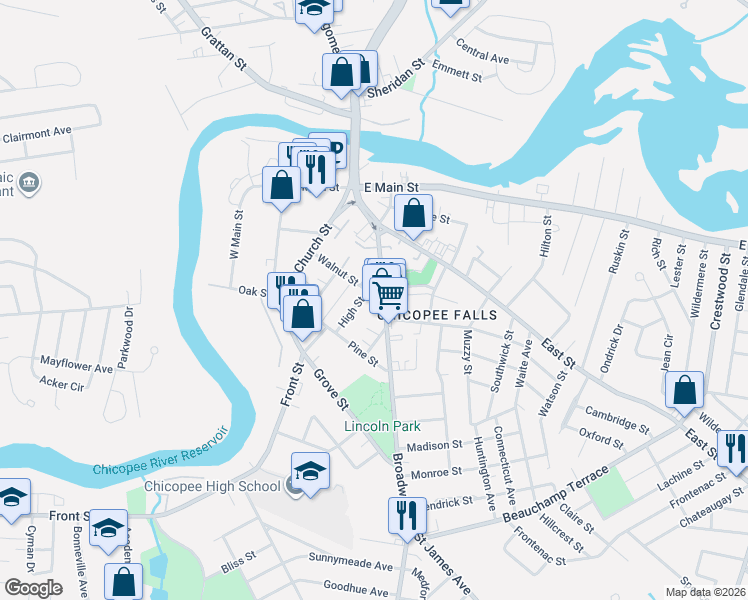 map of restaurants, bars, coffee shops, grocery stores, and more near 139 Broadway Street in Chicopee
