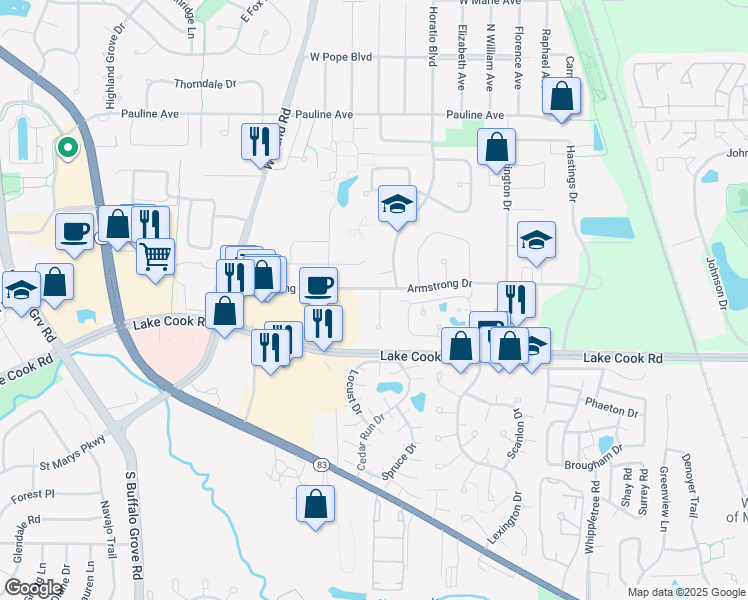map of restaurants, bars, coffee shops, grocery stores, and more near 21 Le Jardin Court in Buffalo Grove