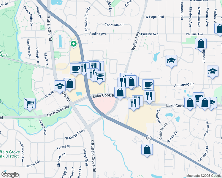 map of restaurants, bars, coffee shops, grocery stores, and more near 112 Steeple Drive in Buffalo Grove