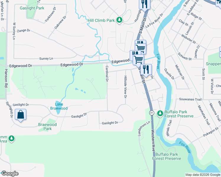 map of restaurants, bars, coffee shops, grocery stores, and more near 5301 Hayes Road in Algonquin