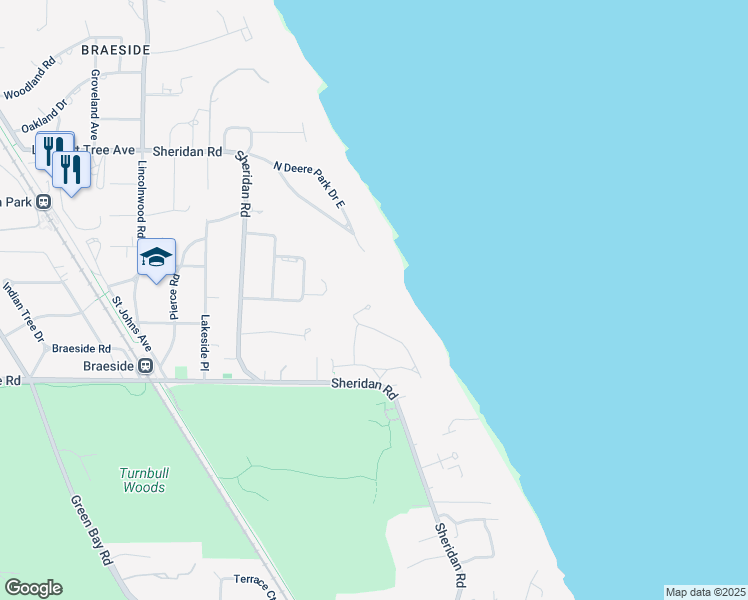 map of restaurants, bars, coffee shops, grocery stores, and more near 105 South Deere Park Drive in Highland Park