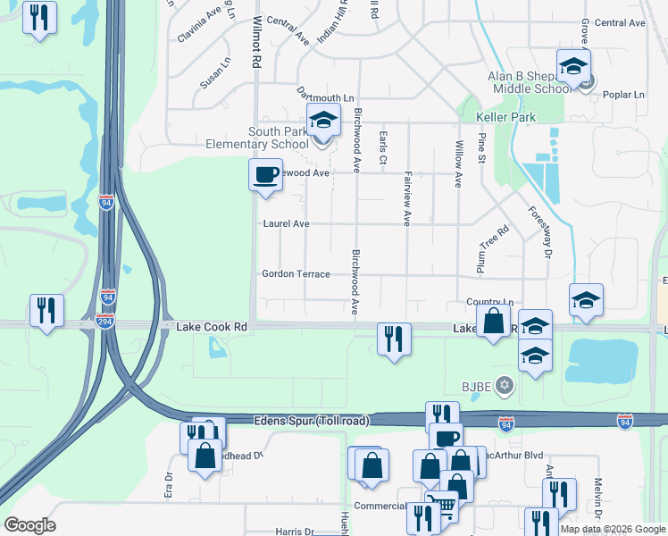 map of restaurants, bars, coffee shops, grocery stores, and more near 1445 Gordon Terrace in Deerfield