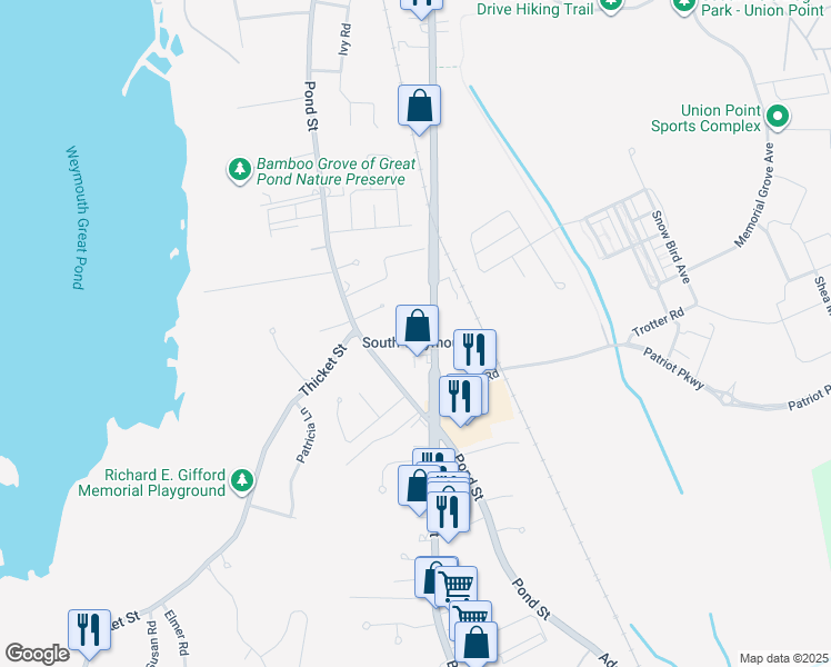 map of restaurants, bars, coffee shops, grocery stores, and more near 1449 Main Street in Weymouth