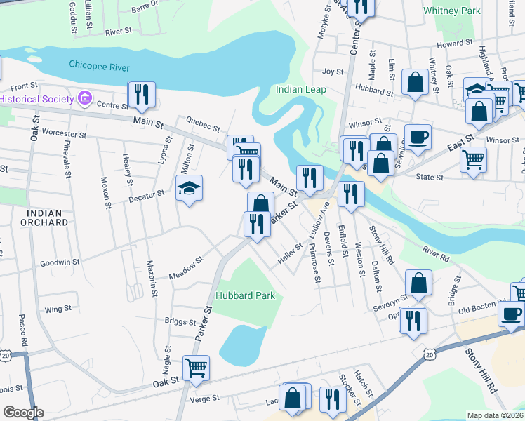map of restaurants, bars, coffee shops, grocery stores, and more near 42 Parker Street in Springfield