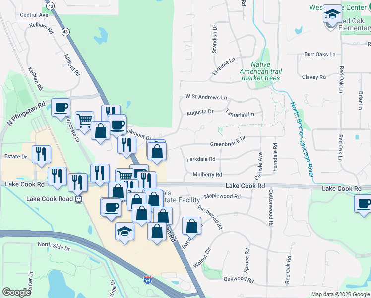 map of restaurants, bars, coffee shops, grocery stores, and more near 94 Ellendale Road in Deerfield