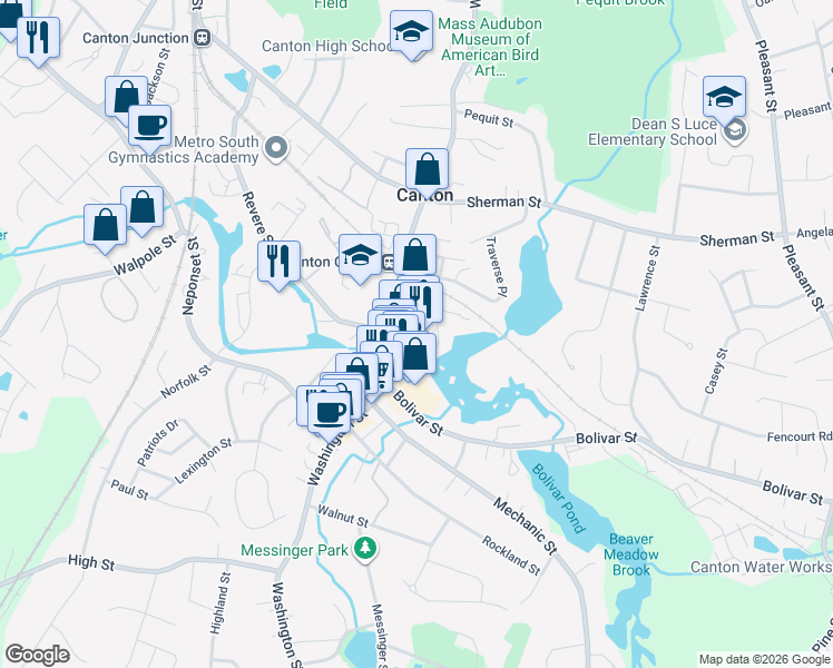 map of restaurants, bars, coffee shops, grocery stores, and more near 643 Washington Street in Canton