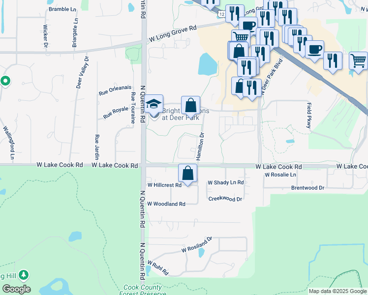 map of restaurants, bars, coffee shops, grocery stores, and more near 21840 West Lake Cook Road in Deer Park