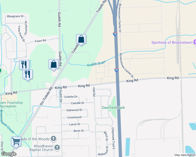 map of restaurants, bars, coffee shops, grocery stores, and more near 21644 Queens Way in Brownstown Charter Township