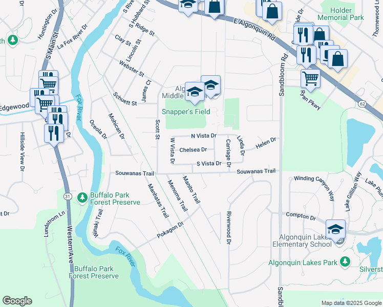 map of restaurants, bars, coffee shops, grocery stores, and more near 645 Chelsea Drive in Algonquin