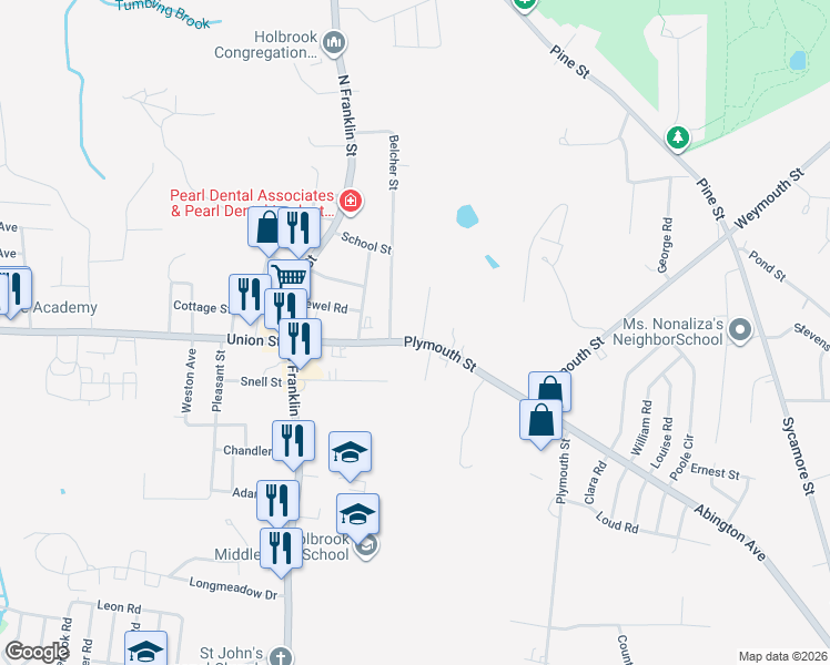 map of restaurants, bars, coffee shops, grocery stores, and more near 118 Plymouth Street in Holbrook