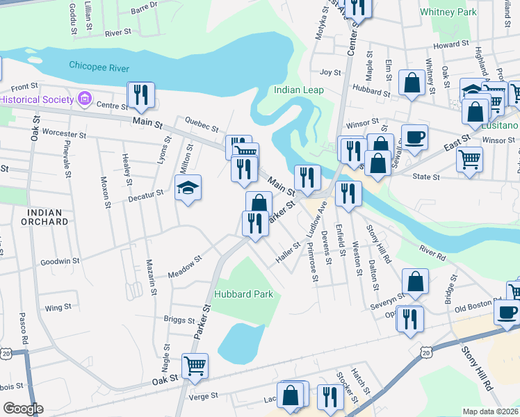 map of restaurants, bars, coffee shops, grocery stores, and more near 53 Lawe Street in Springfield