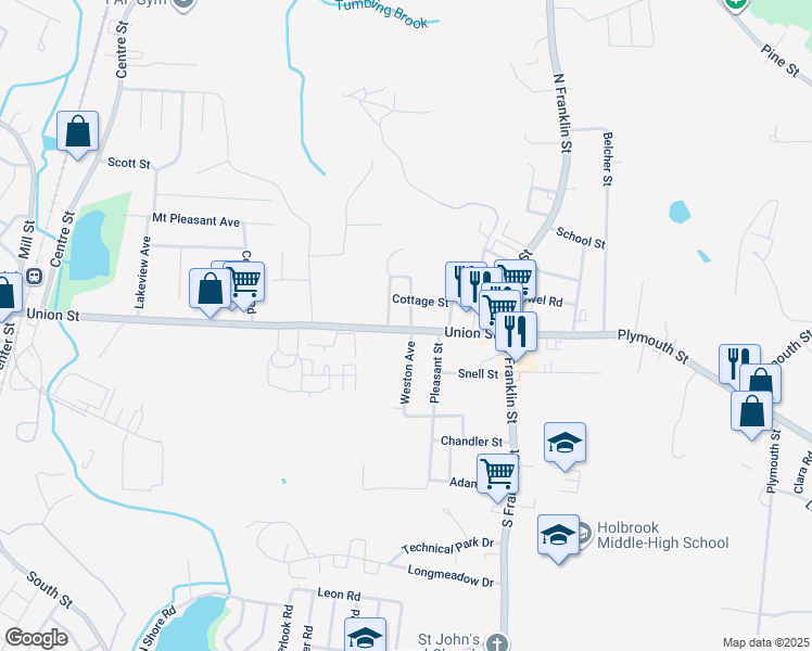 map of restaurants, bars, coffee shops, grocery stores, and more near 92 Union Street in Holbrook