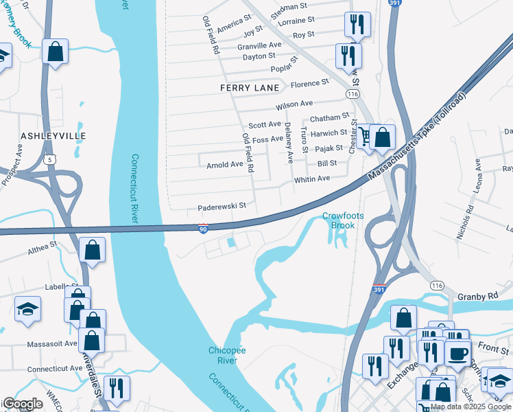 map of restaurants, bars, coffee shops, grocery stores, and more near Wayfield Avenue in Chicopee