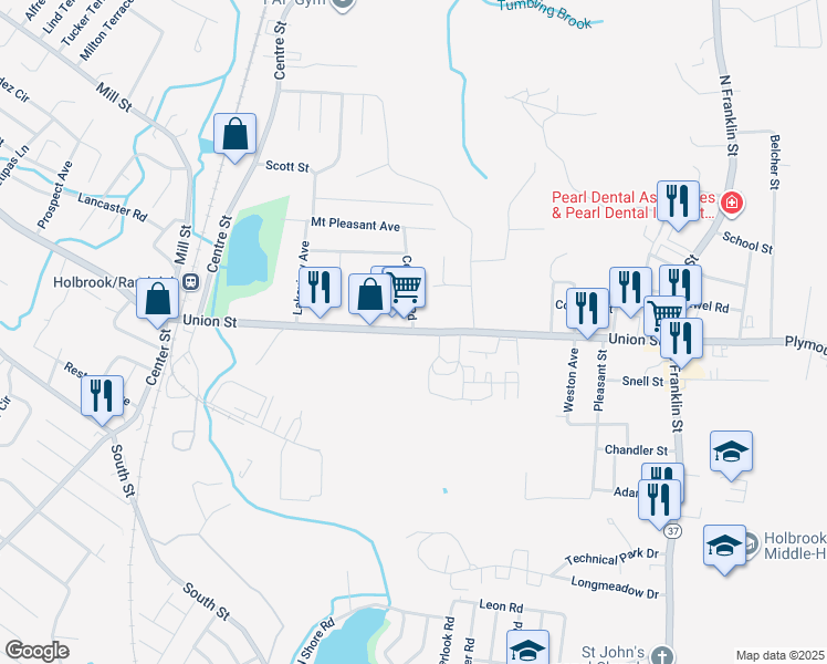 map of restaurants, bars, coffee shops, grocery stores, and more near Union Street in Holbrook