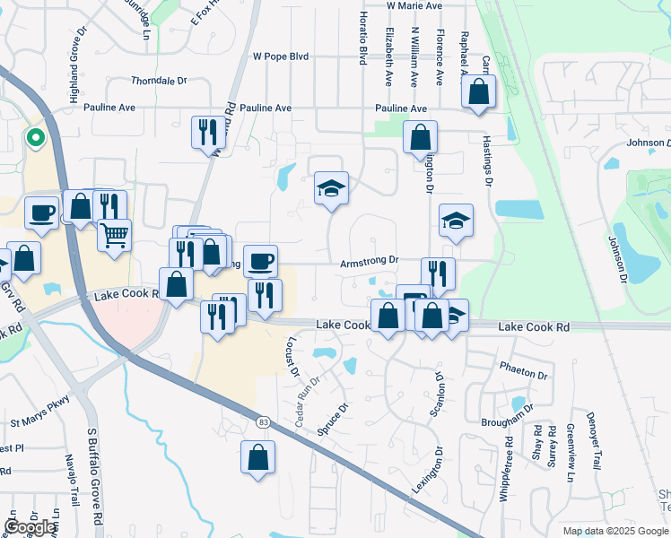 map of restaurants, bars, coffee shops, grocery stores, and more near 475 Le Parc Circle in Buffalo Grove
