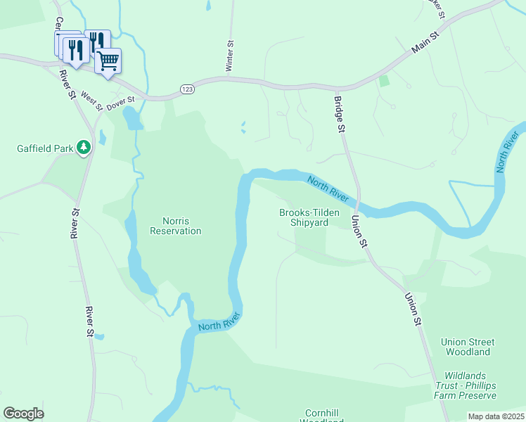 map of restaurants, bars, coffee shops, grocery stores, and more near 1309 Union Street in Marshfield