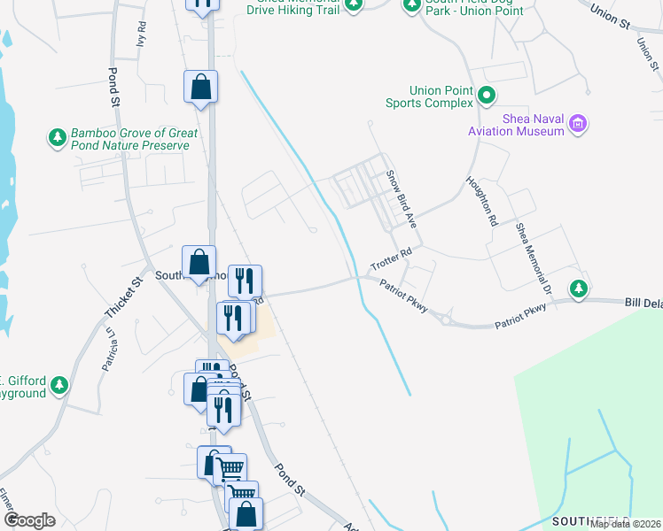 map of restaurants, bars, coffee shops, grocery stores, and more near 110 Trotter Road in Weymouth