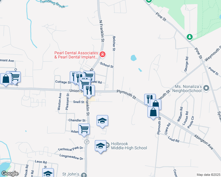 map of restaurants, bars, coffee shops, grocery stores, and more near 75 Plymouth Street in Holbrook